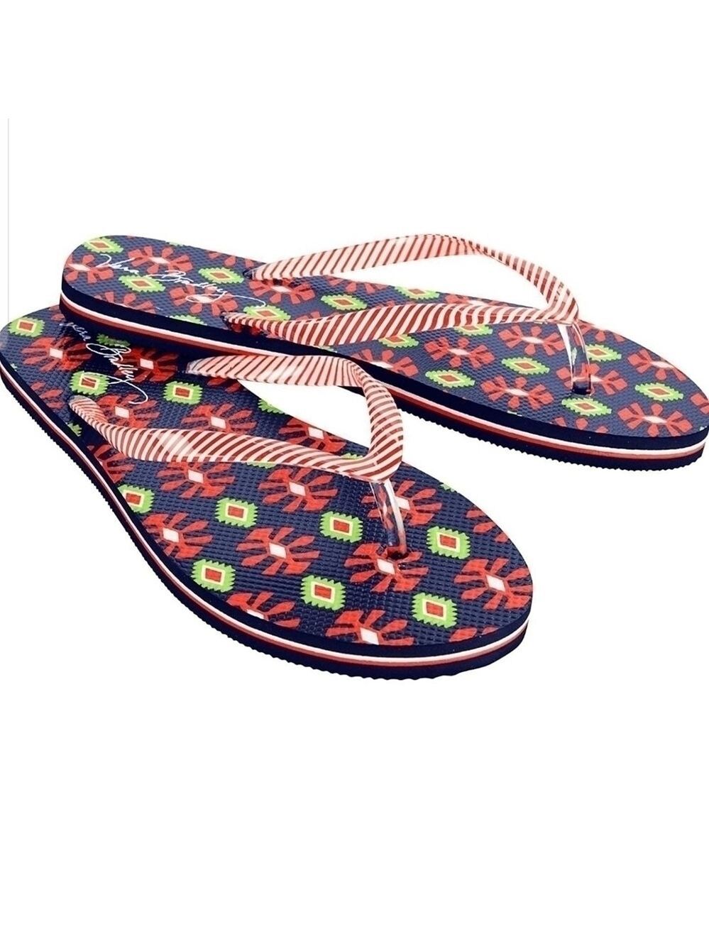 VERA Bradley flip flops, LG 9-10 Sun Valley red white stripe thong beach summer